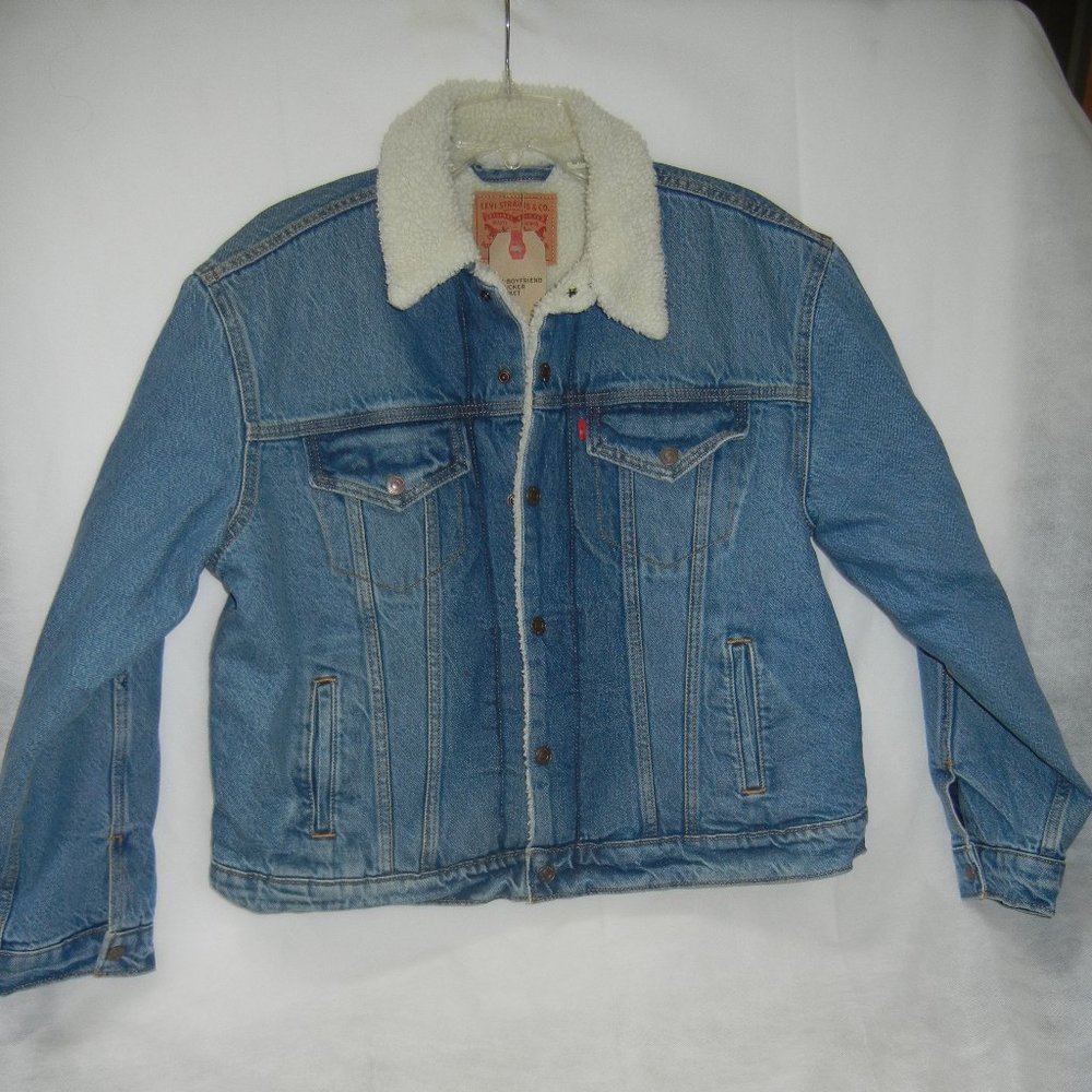 Levi's Women XL Ex-Boyfriend Trucker Blue Denim Sherpa Lined Jean Jacket NEW NWT